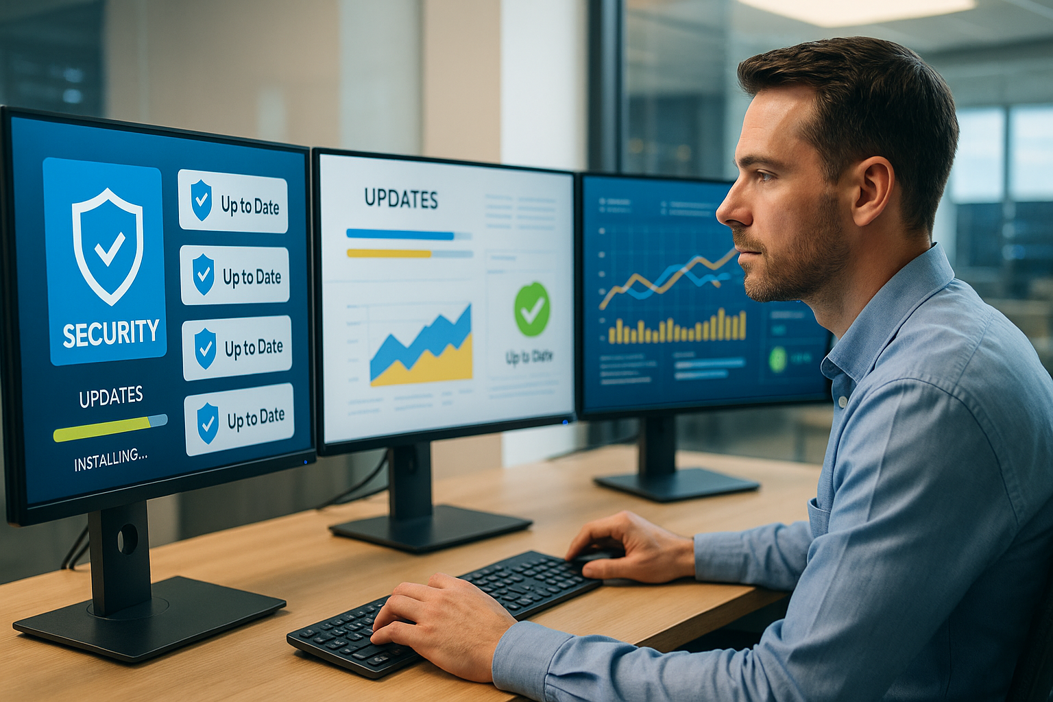 Professional website administrator working on software updates on three screens