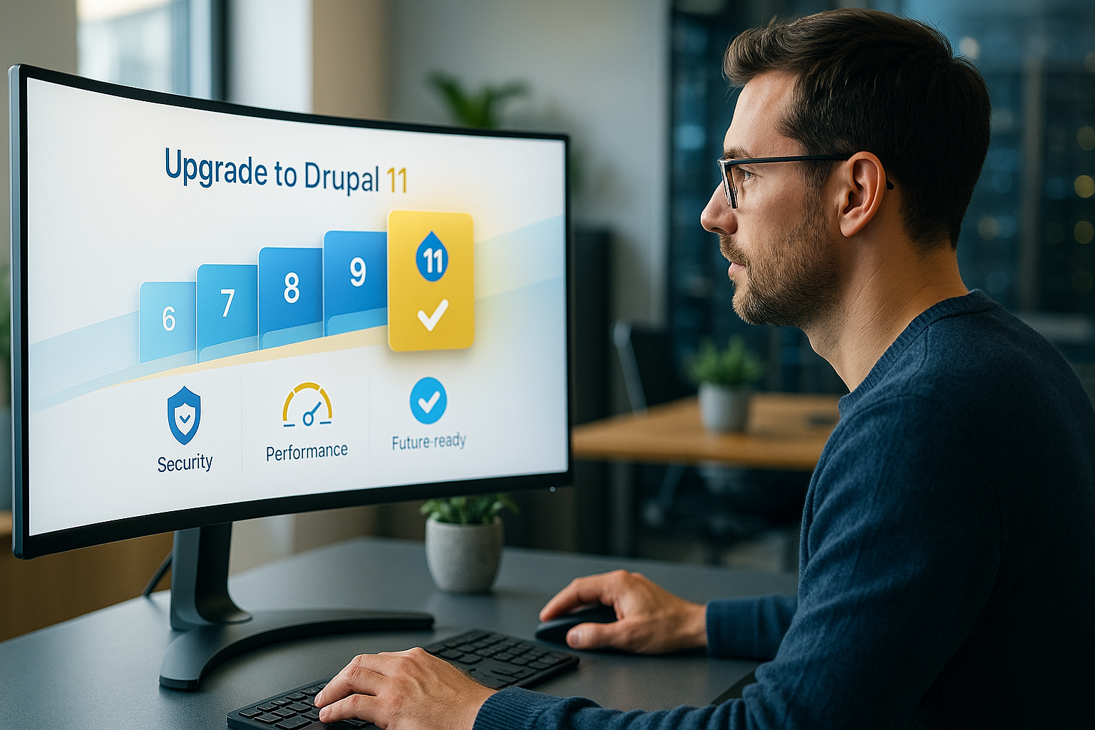 Person looking at computer screen illustrating Drupal update path