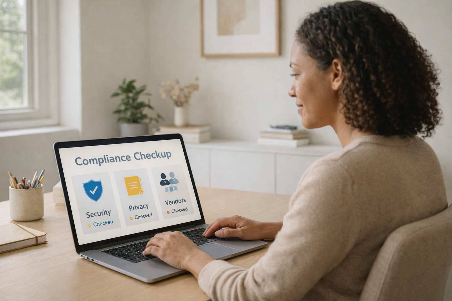 A UK small busines owner sitting at a tidy desk looking at a Compliance Checkup dashboard on a laptop.
