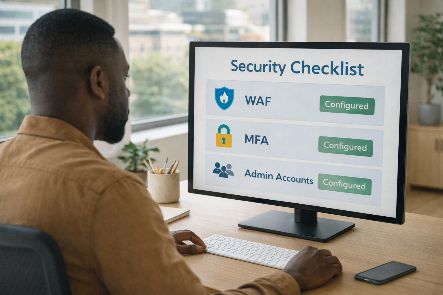A small business owner looking at a security checklist on a PC monitor.