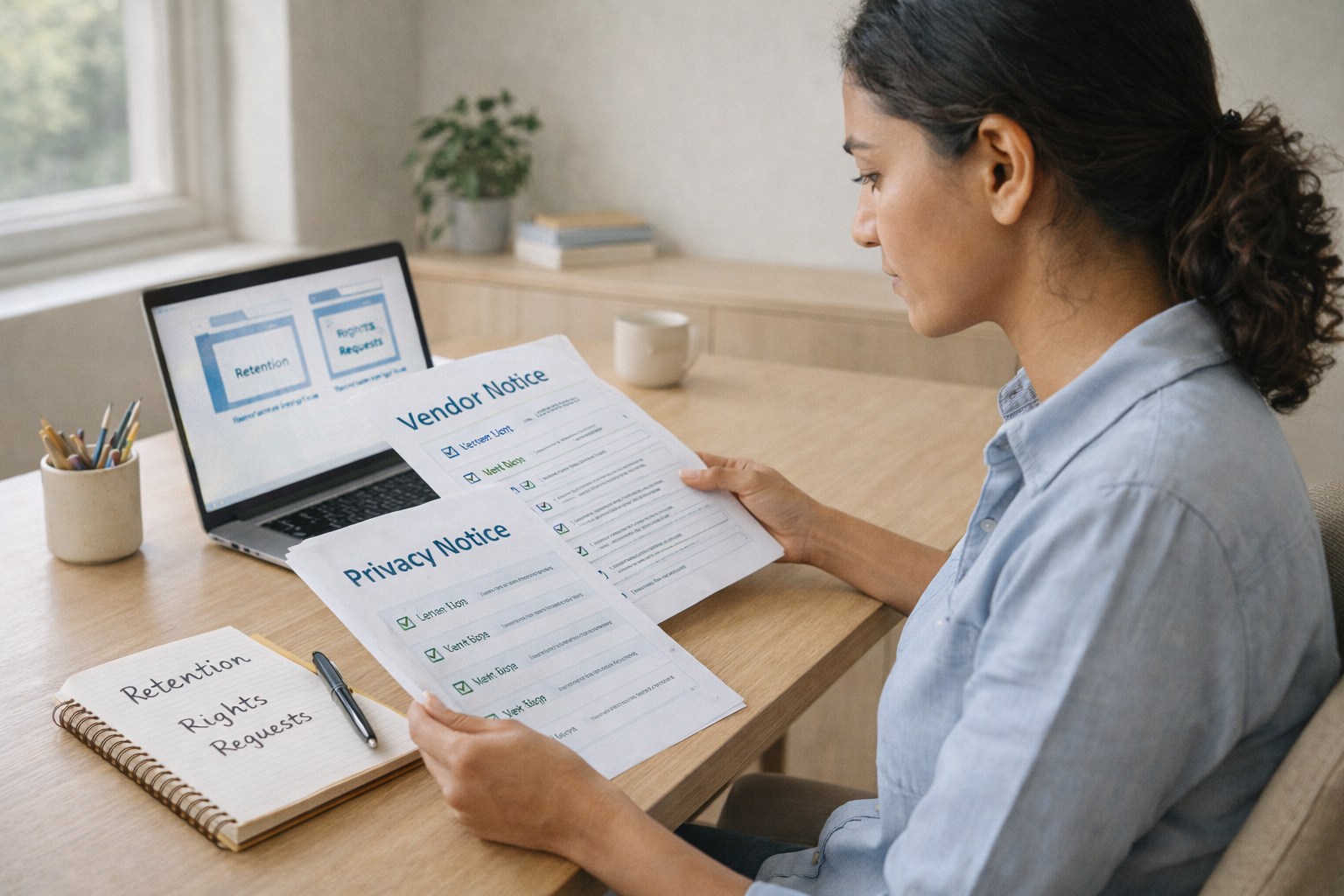A UK small business owner with policy documentation on paper, a notepad and laptop at a desk.
