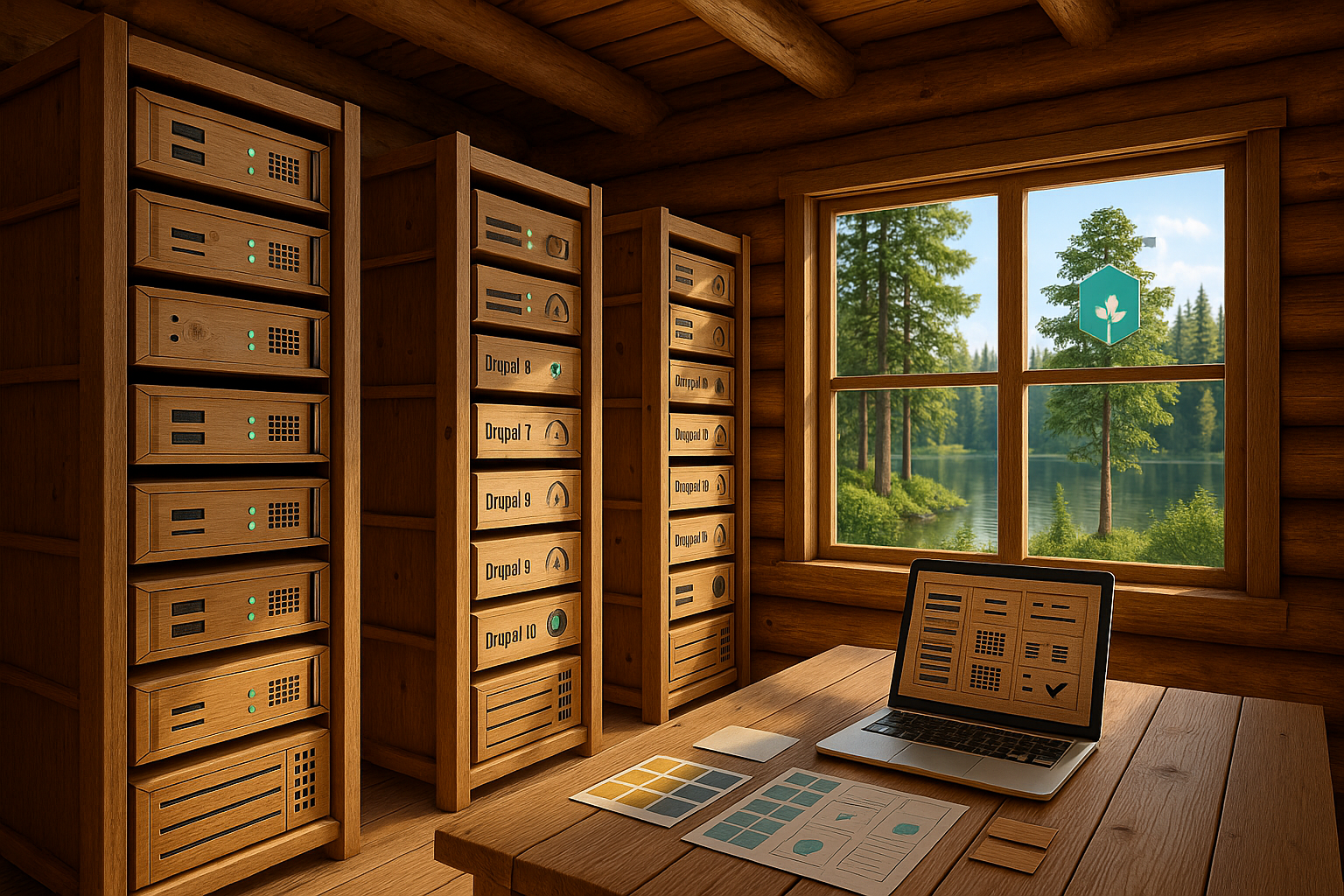 Log cabin containing wooden servers