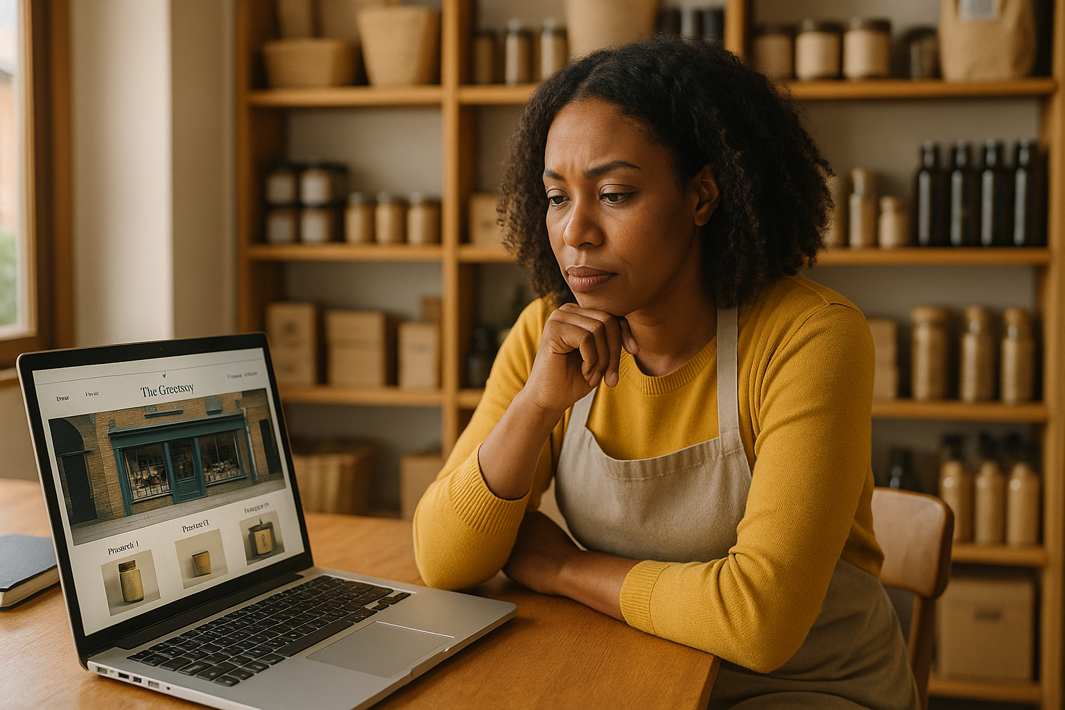 Business owner in workplace looking at design ideas on a laptop