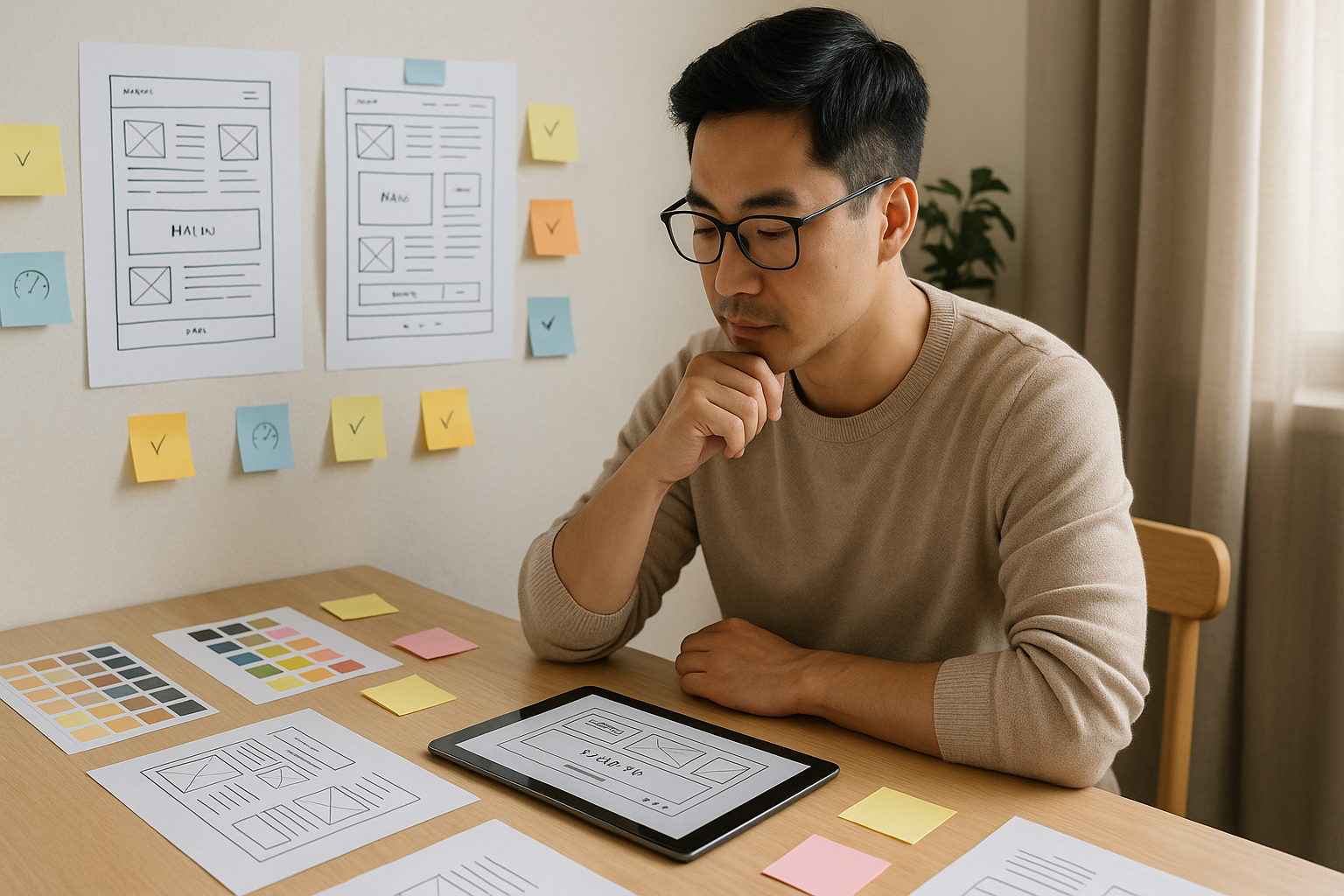 Business owner at a desk with notes and a tablet device, with further planning notes on a wall