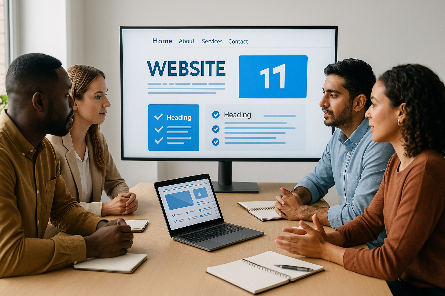 Group of people looking at a website's design on a large screen and small laptop